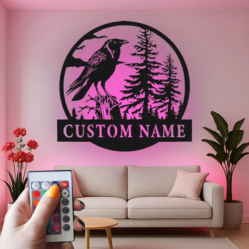 Décoration murale en métal LED de corbeau | Panneau nominatif personnalisé pour décor de cabane | Silhouette de faune forestière personnalisée | Cadeau pour amoureux de la nature