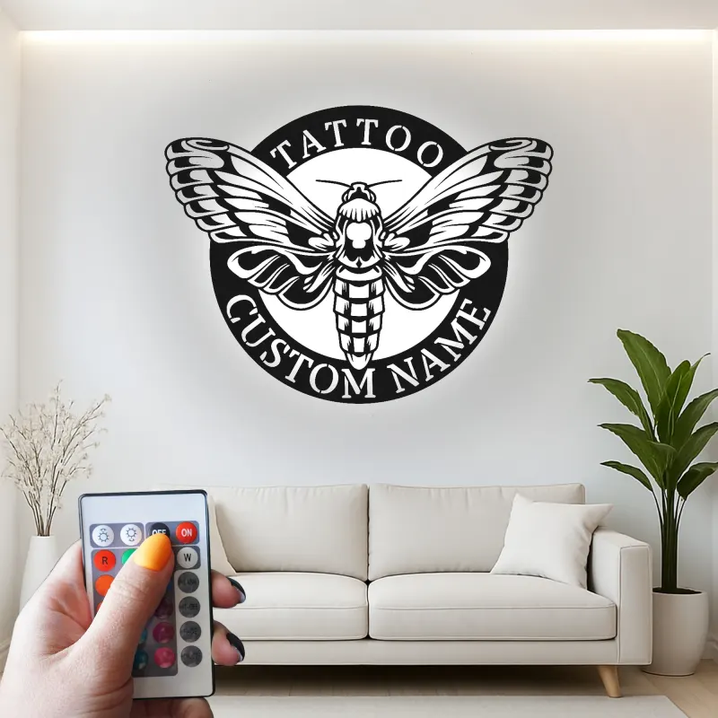 Custom Death's Head Moth LED Sign | Layered Metal Wall Art | Tattoo Studio Decor | Gothic Home Aesthetic | Personalized Business Logo
