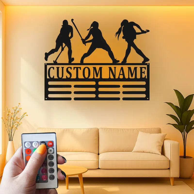 Cartel de metal personalizado de jugador de hockey sobre césped LED regalo personalizado para atleta decoración de sala de deportes