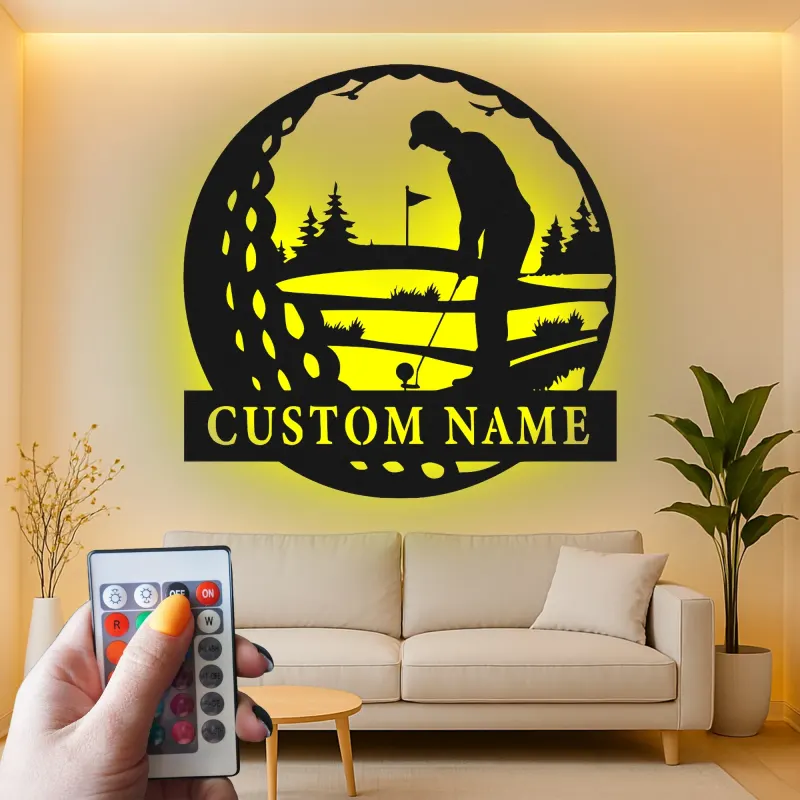 Enseigne LED personnalisée pour golfeur | Décoration murale en métal sur mesure | Cadeau pour amateur de golf | Décor man cave et bureau