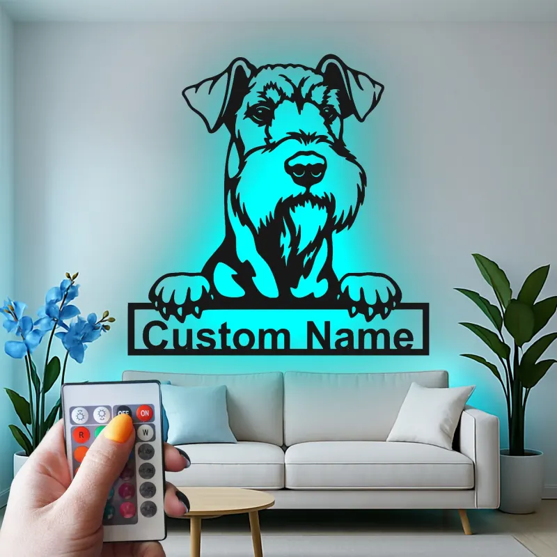 Décoration Murale en Métal LED Schnauzer Personnalisée | Panneau de Portrait d'Animal | Cadeau Moderne pour Amoureux des Chiens
