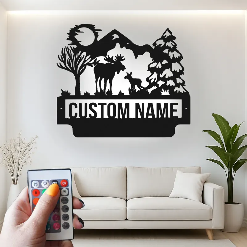 Personalized Moose Metal Wall Art | LED Wildlife Scene | Custom Family Name Sign for Cabin, Lodge & Rustic Home Decor