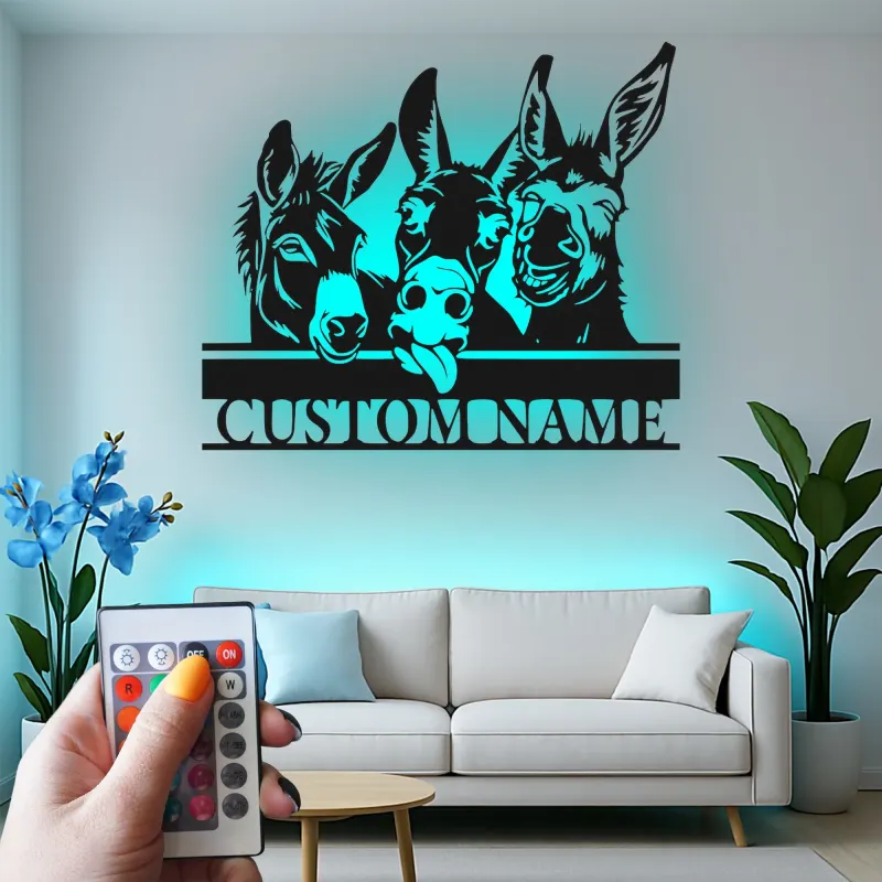 Insegna in metallo LED Donkey Trio Personalizzata Regalo per Fattoria Decorazione Soggiorno Rustico