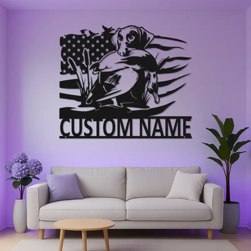 Personalized Labrador Hunting Sign | LED Metal Wall Art for Hunters | Custom Duck Hunting Decor with American Flag | Gift for Cabin