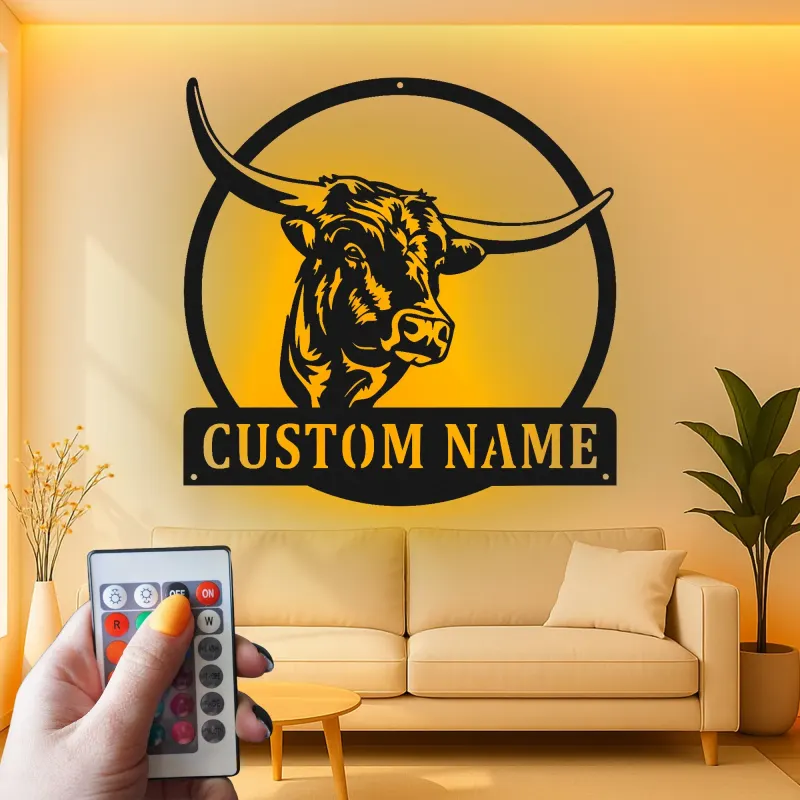 Décoration murale en métal personnalisée avec longhorn et rétroéclairage LED - Cadeau pour rancher, décoration de style western pour la maison
