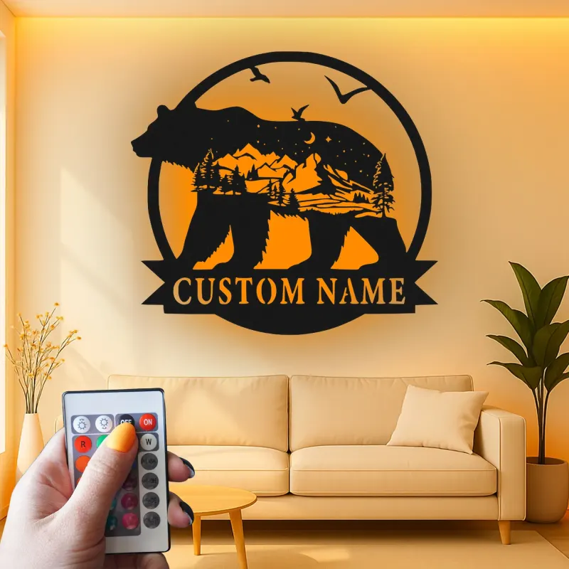 Silhouette de oso LED de metal personalizado regalo para amantes de la naturaleza decoración de cabaña