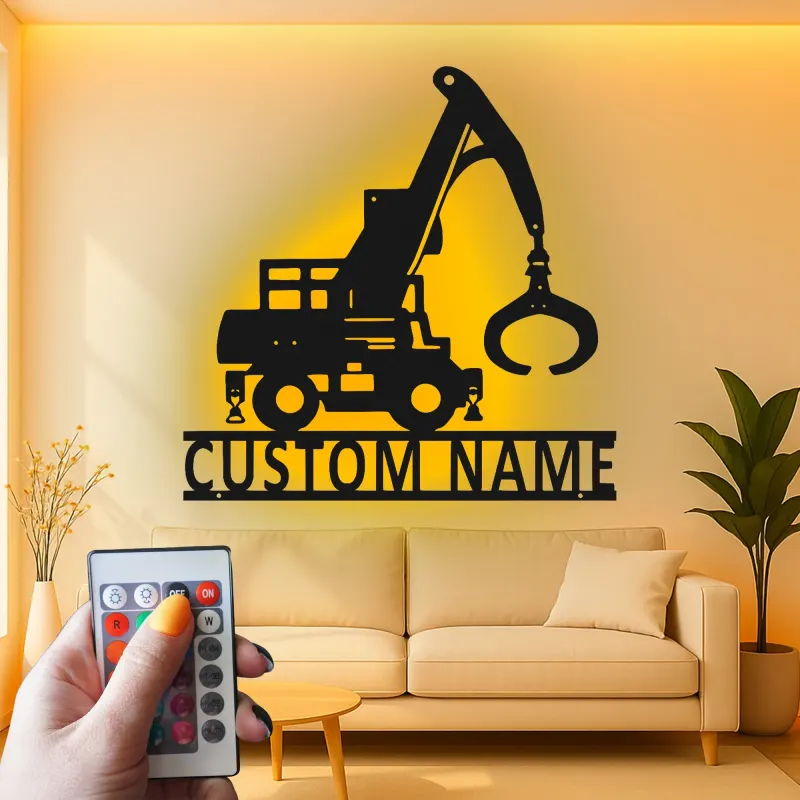 Personalisierte LED-Metall-Wandkunst mit Baukran – Geschenk für Bauprofis, Garage oder Büro