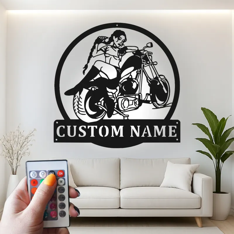 Décoration murale en métal LED personnalisée pour pilote de moto - Cadeau de motard pour lui, décoration de garage pour passionnés de moto