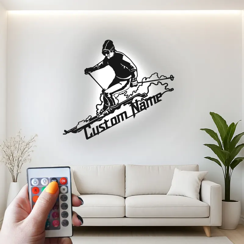 Custom Skier LED Metal Sign | Personalized Ski Lodge Decor | Illuminated Winter Sports Wall Art | Unique Athlete Gift