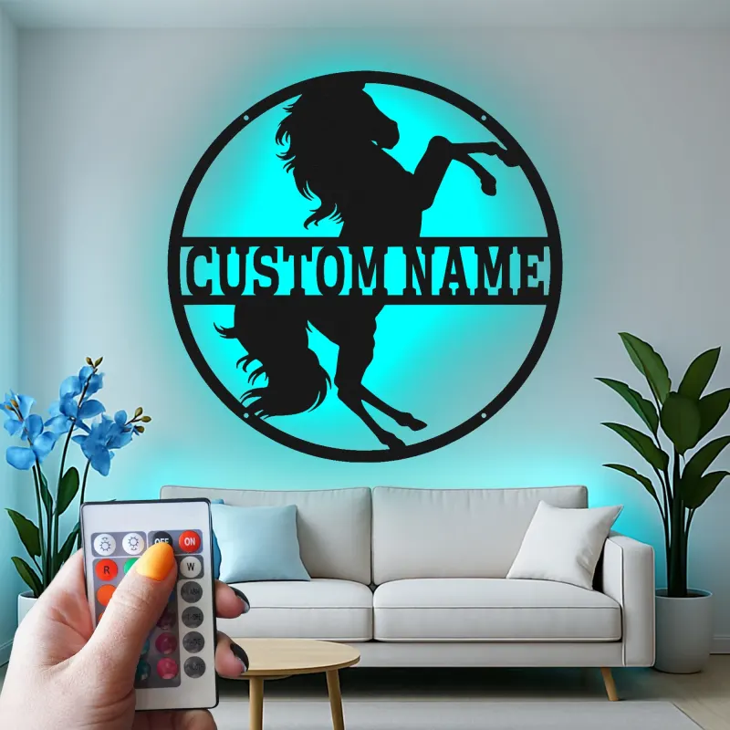 Plaque cheval en métal personnalisée | Décoration murale LED sur mesure pour grange et écurie | Cadeau équestre