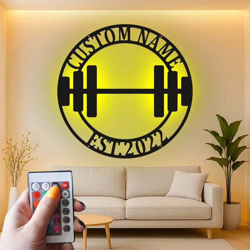 Insegna palestra personalizzata con luce LED | Decorazione murale in metallo personalizzata per casa e studio fitness | Idea regalo per weightlifting