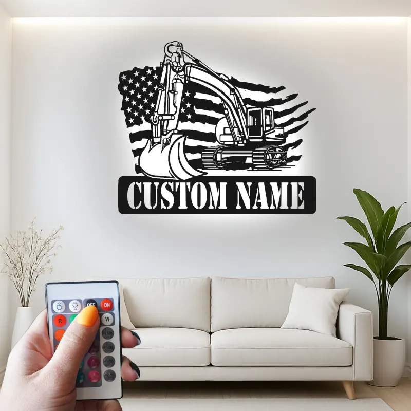 Décoration murale en métal LED personnalisée pour excavateur - Cadeau pour travailleurs de la construction - Décor de garage ou de bureau
