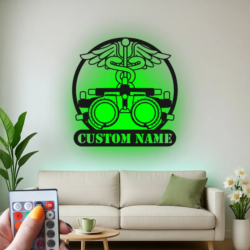 Panneau Optométriste Personnalisé | Décoration murale en métal Phoroptère | Décor de bureau d'ophtalmologiste avec lumière LED | Cadeau logo Caduceus