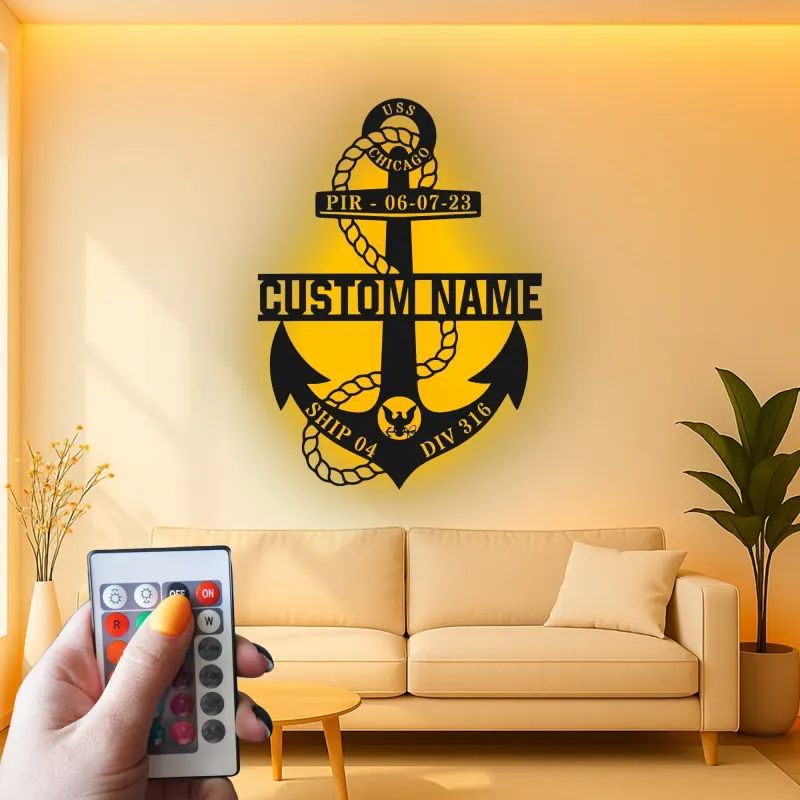 Custom Anchor LED Sign | Personalized Navy Family Gift | Metal Maritime Wall Art for Coastal Home Decor