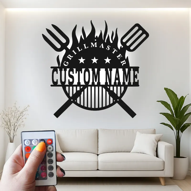 Personalized BBQ Metal Sign with LED | Custom Grillmaster Wall Art | Outdoor Patio Decor & Grilling Gift for Dad