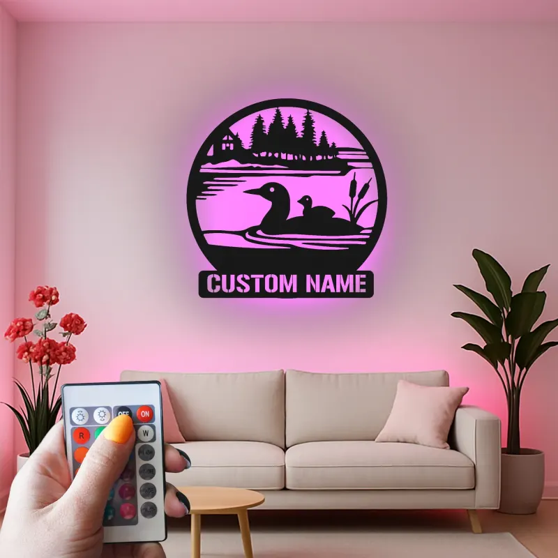 Panneau métallique personnalisé plongeon huard avec LED | Décoration murale pour maison de lac | Déco rustique pour amoureux de la nature