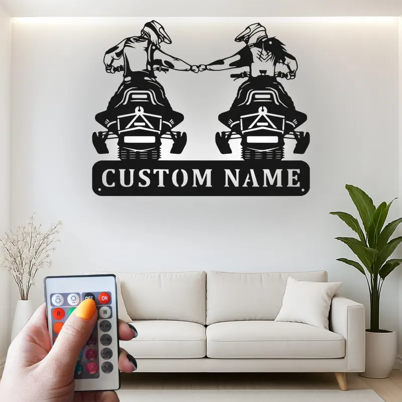 Décoration murale en métal personnalisée pour couple de motards avec rétroéclairage LED - Cadeau de motard pour couples, décoration de garage ou de man cave