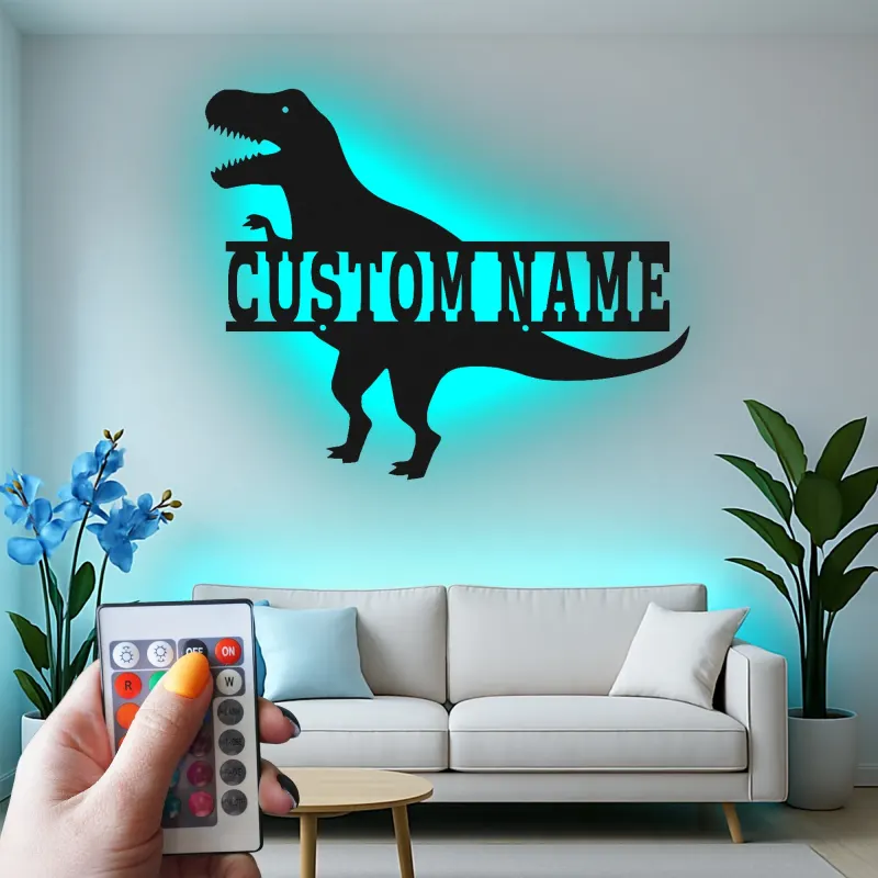 Insegna in metallo personalizzata T-Rex con luce LED regalo per la camera dei bambini decorazione per amanti dei dinosauri