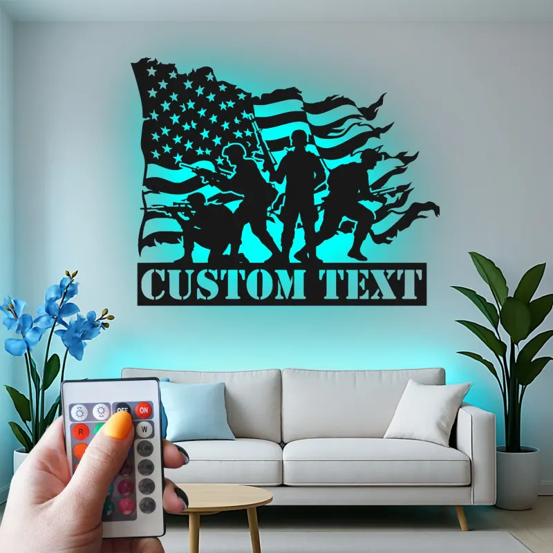 Custom Soldier Metal Sign | LED American Flag Wall Art | Patriotic Veteran Gift | Army Man Cave Decor