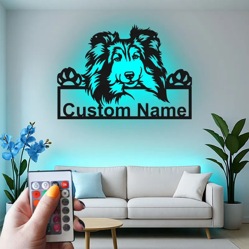 Décoration murale en métal personnalisée pour chien Shetland LED - Cadeau pour maman chien - Décor pour animaux de compagnie