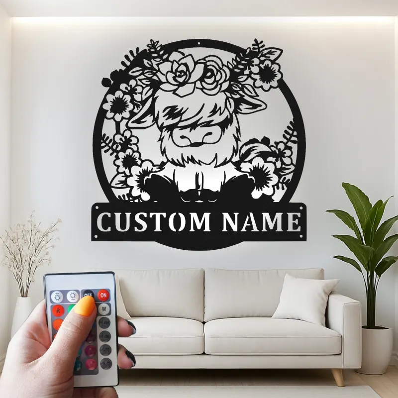 Highland Cow LED Metal Wall Art | Custom Name Sign | Floral Farmhouse Decor for Nursery & Salons | Gift for Cow Lovers
