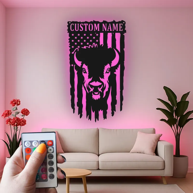 Décoration murale en métal personnalisée avec le drapeau américain et bison, rétroéclairage LED, cadeau rustique pour lui, décoration patriotique