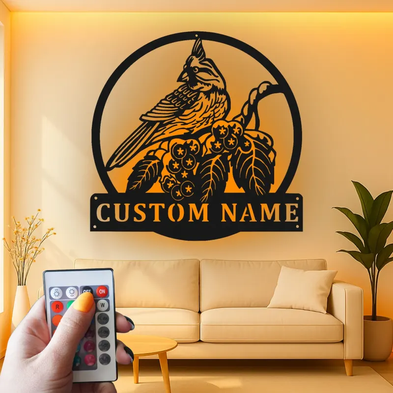 Personalisierte LED-Metall-Wandkunst mit Kardinalvogel – Geschenk für Vogelliebhaber, Garten- oder Terrassendeko