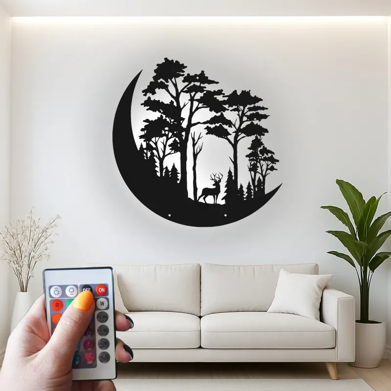 Décoration murale en métal LED avec scène de forêt de cerfs - Cadeau pour amoureux de la nature, décoration rustique pour salon ou chalet