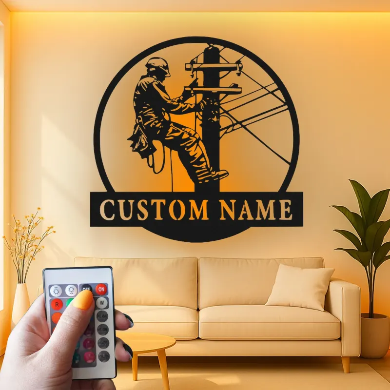Arte mural LED de metal para liniero | Cartel personalizado con nombre para electricista | Regalo personalizado para trabajador de servicios públicos | Decoración industrial para oficina y garaje