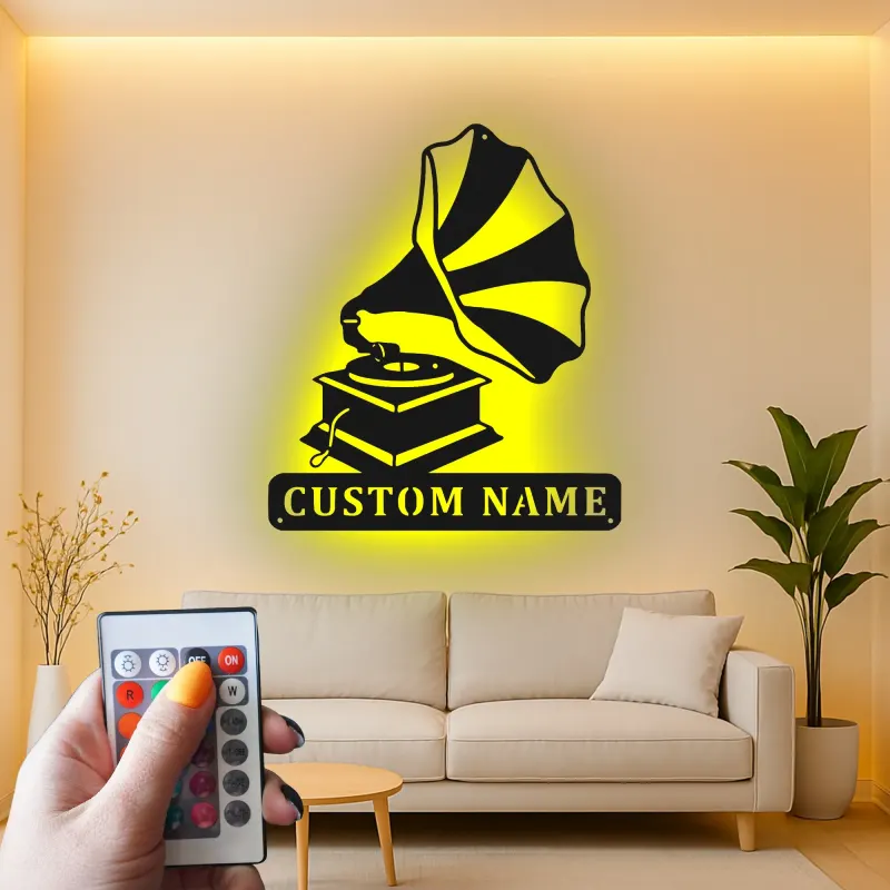 Arte Murale in Metallo LED con Gramofono | Regalo Personalizzato per Amante della Musica | Insegna con Nome Personalizzato per Decorazione Retro di Casa e Studio