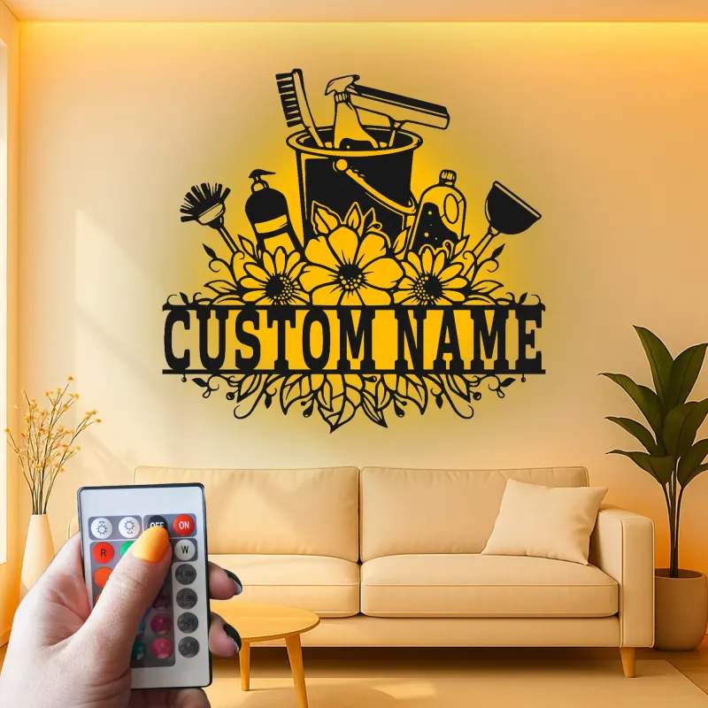 Custom Cleaning Supplies Led Light Metal Wall Art Housewarming Gift for Cleaners Laundry Room Decor