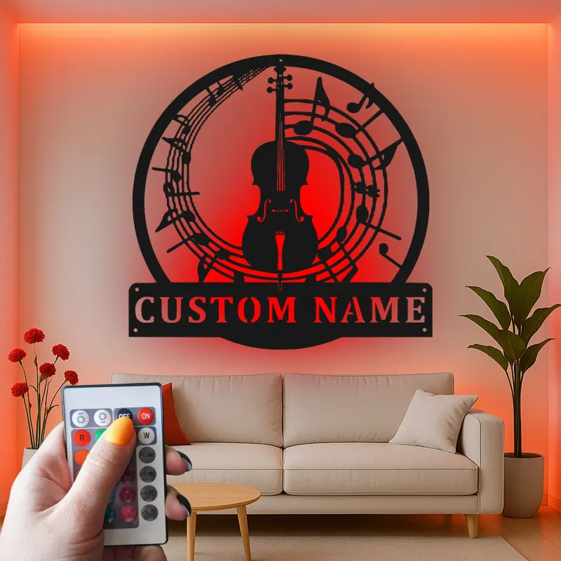 Cartel de metal personalizado con violín y notas musicales y luz LED Regalo para músicos Decoración de estudio o sala de música