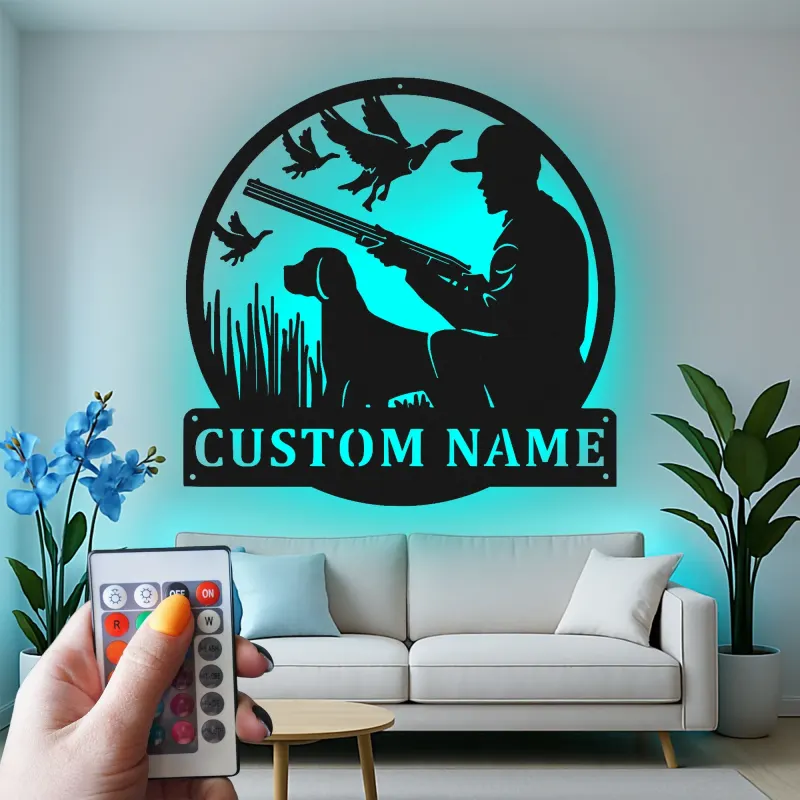Custom Hunter and Dog Led Light Metal Wall Art Personalized Gift for Outdoor Enthusiasts Man Cave or Cabin Decor