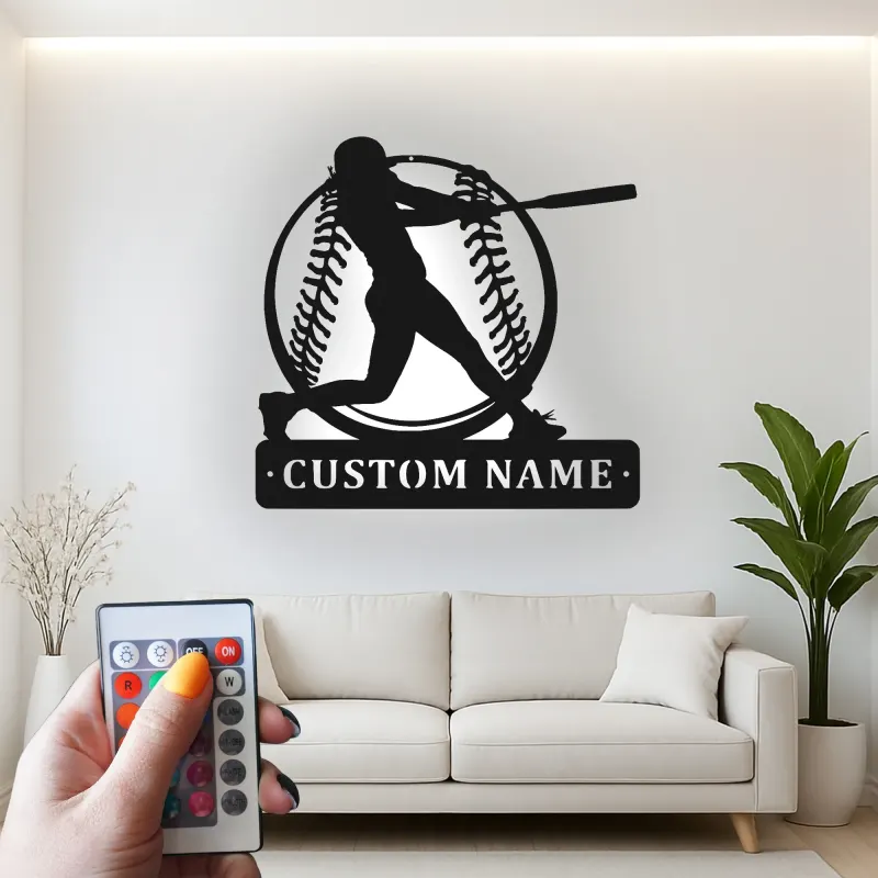 Insegna in metallo personalizzata con luce LED per giocatore di baseball - Regalo personalizzato per appassionati di sport e decorazione per sala giochi o camera da letto