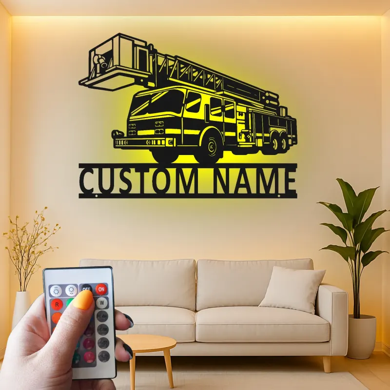 Panneau LED camion de pompiers personnalisé | Décoration murale en métal pour pompier | Décor de caserne | Cadeau pour premier intervenant
