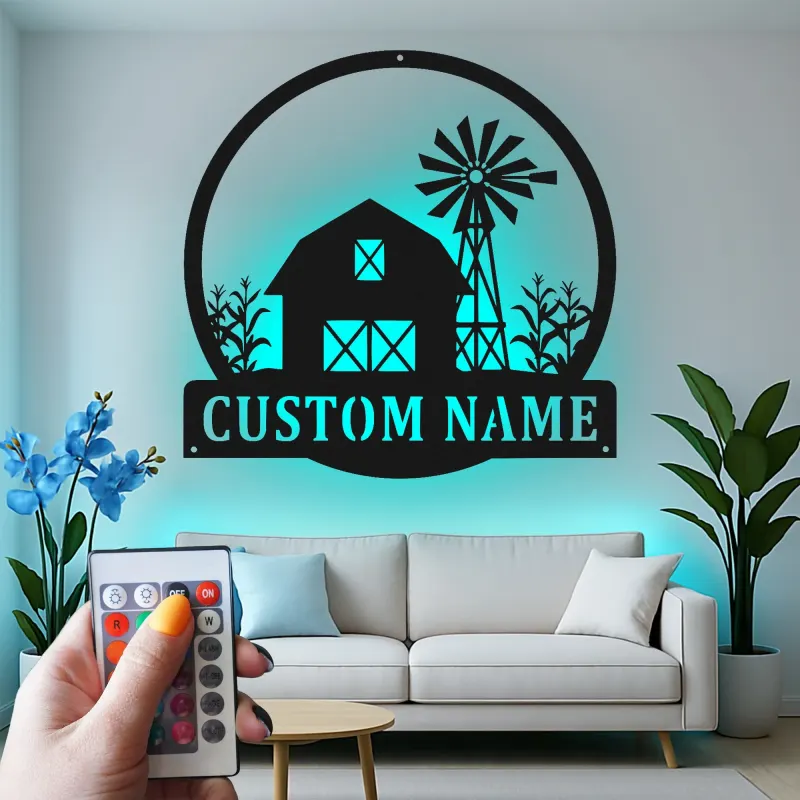 Panneau LED personnalisé de ferme | Décoration murale en métal personnalisée avec grange et éolienne | Décor rustique pour la maison familiale