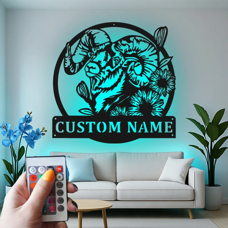Custom Ram Led Light Metal Wall Art Personalized Gift for Nature Lovers Rustic Home Decor