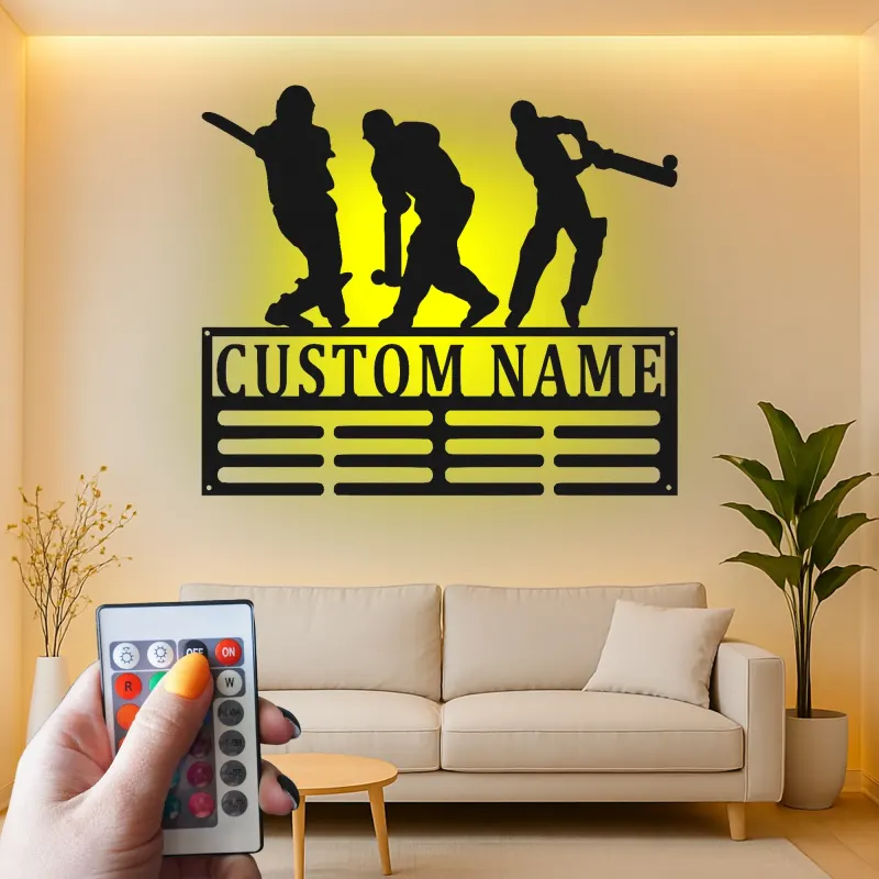 Insegna in metallo personalizzata con giocatore di cricket luce LED regalo sportivo per lui decorazione per sala giochi