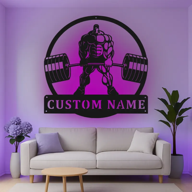 Insegna in metallo personalizzata con luce LED Bodybuilder Weightlifting regalo per appassionati di palestra decorazione per palestra