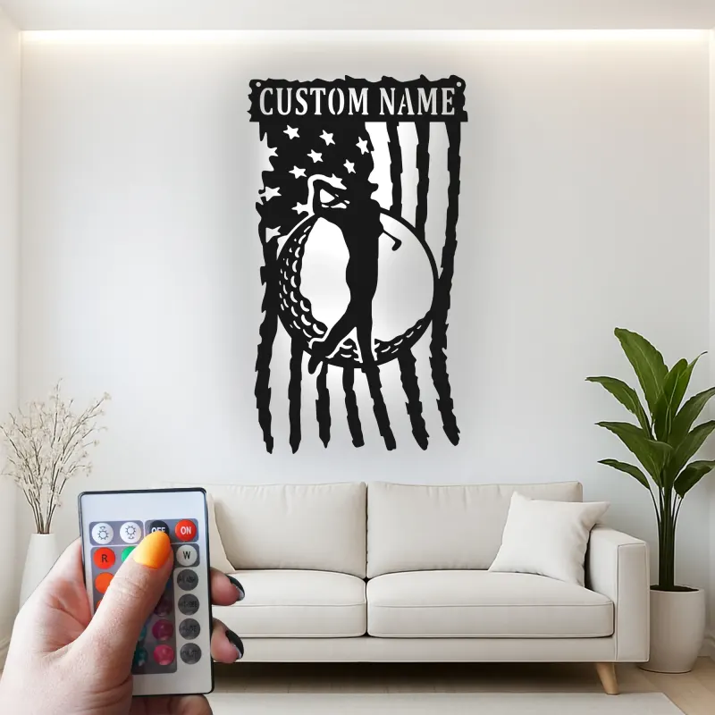 Insegna da golf su misura con LED | Arte murale in metallo con nome del golfista | Decorazione man cave con bandiera americana