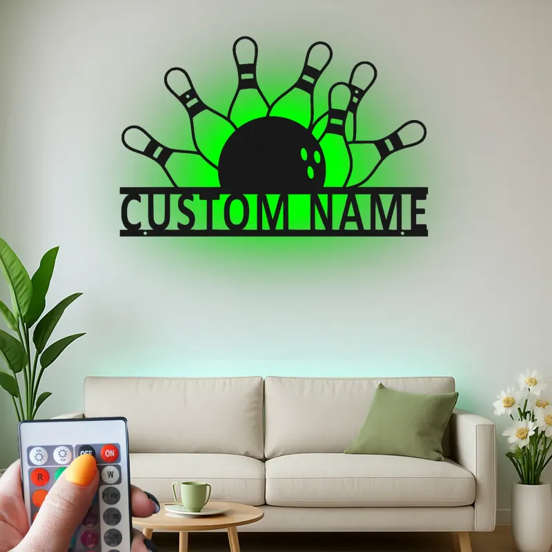Personalisierte LED-beleuchtete Metall-Wandkunst mit Bowlingkegeln und Ball – Geschenk für Bowlingspieler und Spielzimmer-Dekor