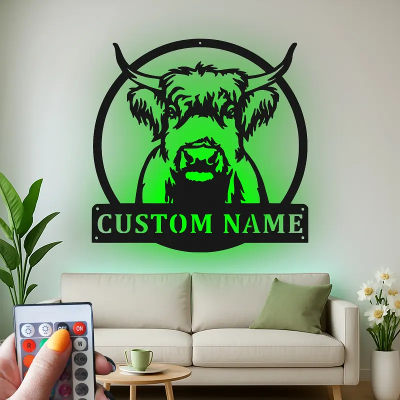 Highland Cow LED Metal Sign | Personalized Farmhouse Wall Art | Custom Family Name Decor for Rustic & Modern Homes