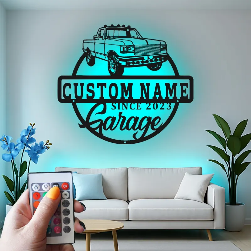 Décoration murale en métal personnalisée camionnette avec rétroéclairage LED - Cadeau de garage pour lui, décoration de man cave