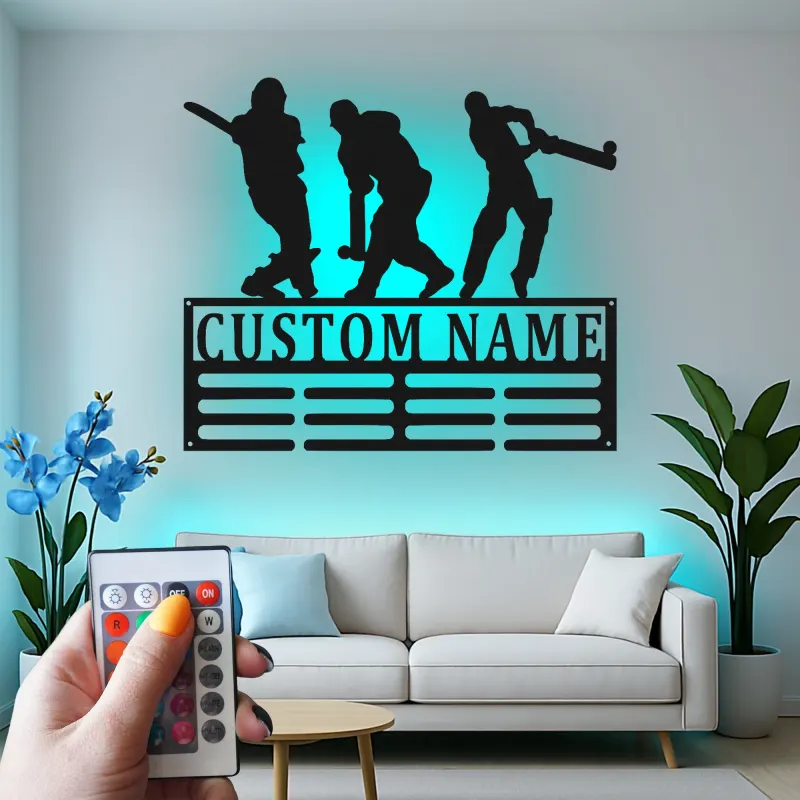 Insegna in metallo personalizzata con giocatore di cricket luce LED regalo sportivo per lui decorazione per sala giochi