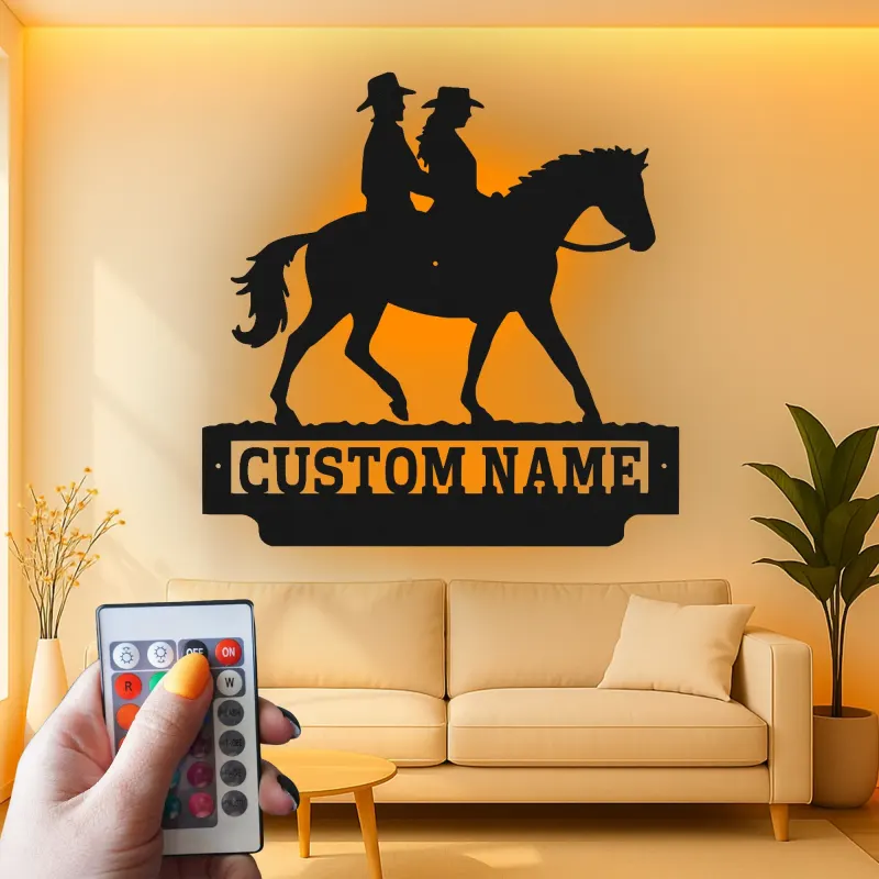 Custom Couple Horseback Riding Sign | LED Metal Wall Art for Home | Personalized Western Decor Gift for Equestrians