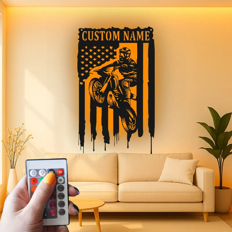 Personalized Motocross Metal Sign | LED American Flag Wall Art | Custom Dirt Bike Decor for Garage, Man Cave & Race Fans