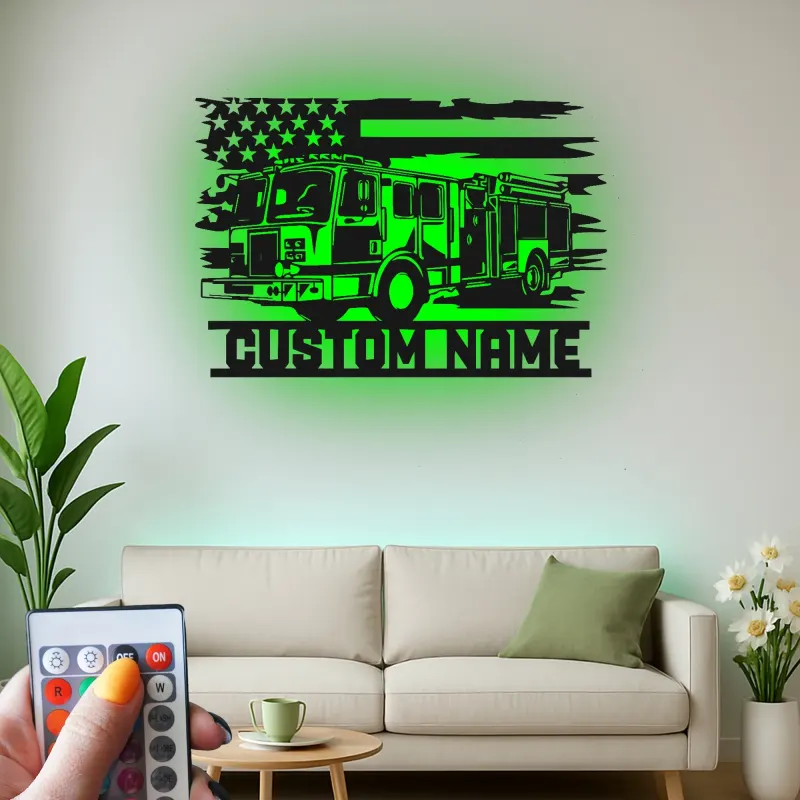 Enseigne personnalisée pour pompier en métal avec LED | Décoration murale personnalisée de camion de pompiers | Cadeau pour pompier pour déco de caserne