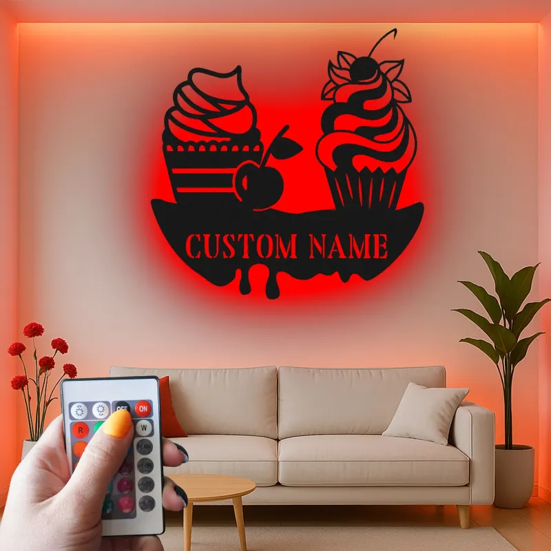 Décoration murale en métal personnalisée avec éclairage LED de cupcake - Décor de cuisine - Cadeau sucré pour les boulangers