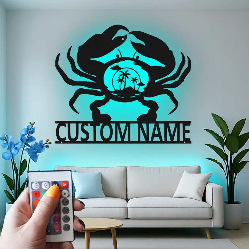 Personalisierte Krabben-Strandszene LED-Wandkunst aus Metall – Küstengeschenk für Strandliebhaber, nautische Wohn-Deko