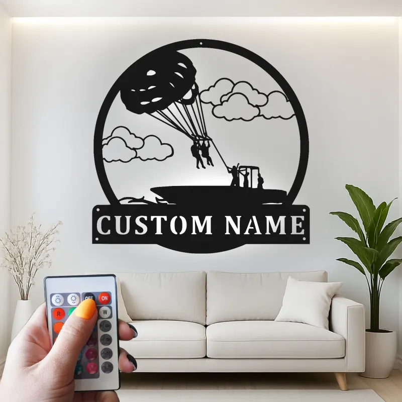 Panneau en métal personnalisé de parachutisme | Décoration de maison de plage avec nom personnalisé | Rétroéclairage mural océan pour maisons extérieures et côtières